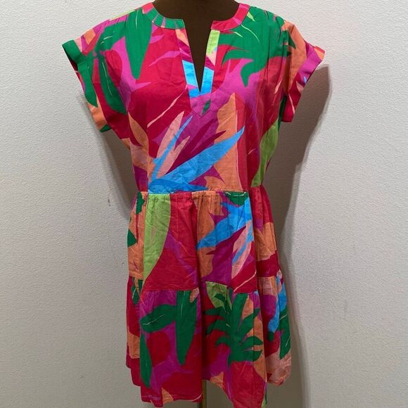 Vineyard Vines La Palmeraie Tiered Cotton Mini Dress in Tropical Floral Size XS - Picture 1 of 8